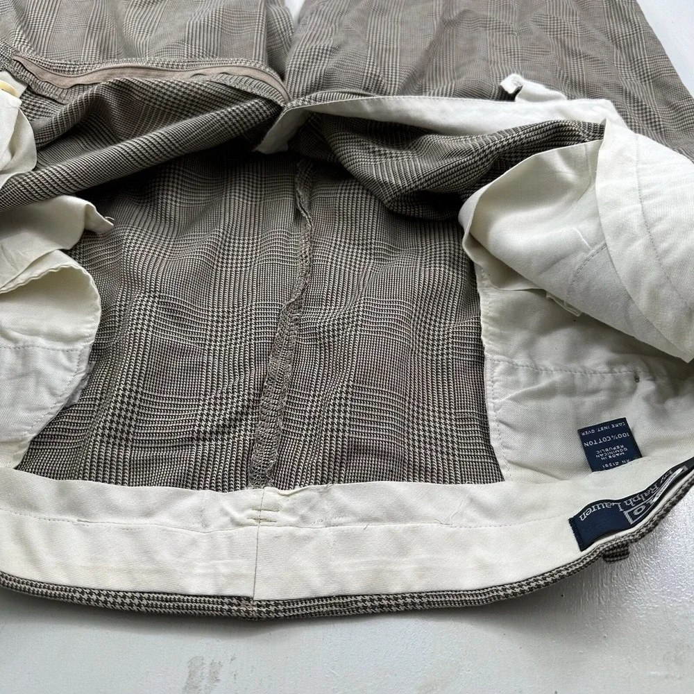 VTG Polo Ralph Lauren Men's Pants 39x26 Cuffed Pleated Beige Gray‎ Glen Plaid